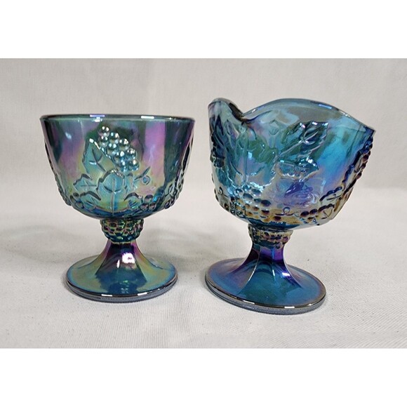 Vintage Indiana Glass Harvest Grape Blue Carnival Glass Creamer & Sugar Set - Picture 4 of 16